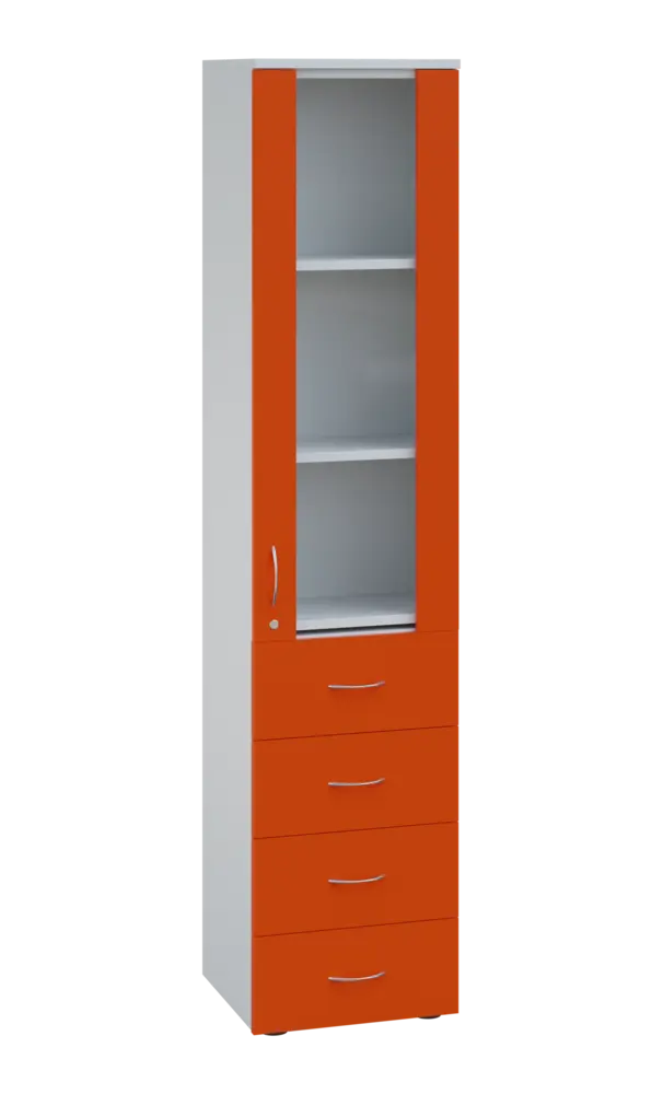 LE - 44 skříň léková prosklená, pravá, korpus bílý, dvířka mandarinka